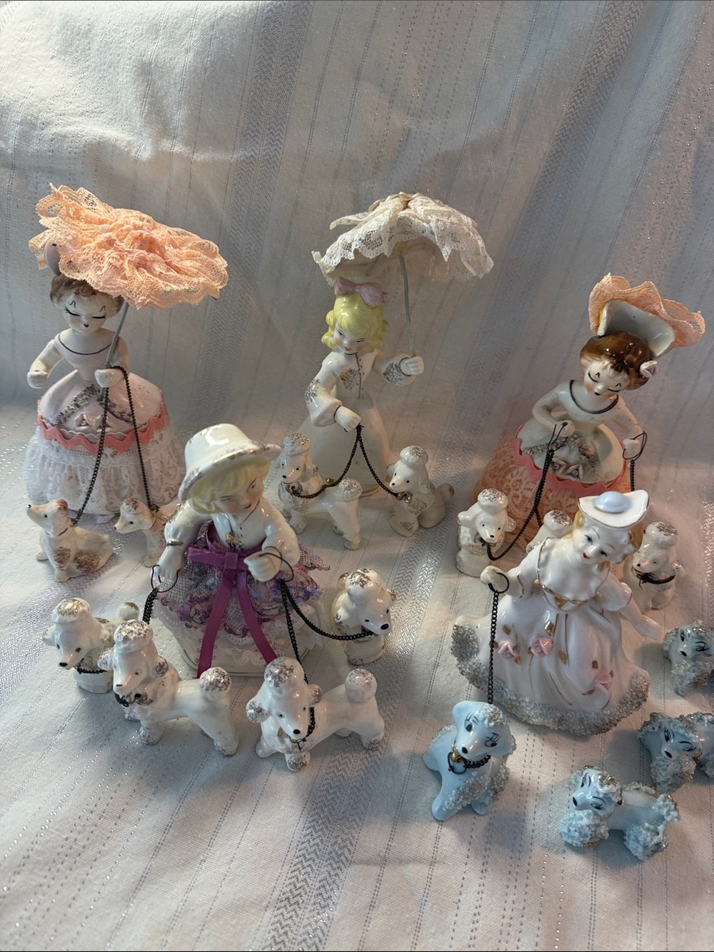 Vintage Ceramic Girl Figurine collection with Poodles on chains